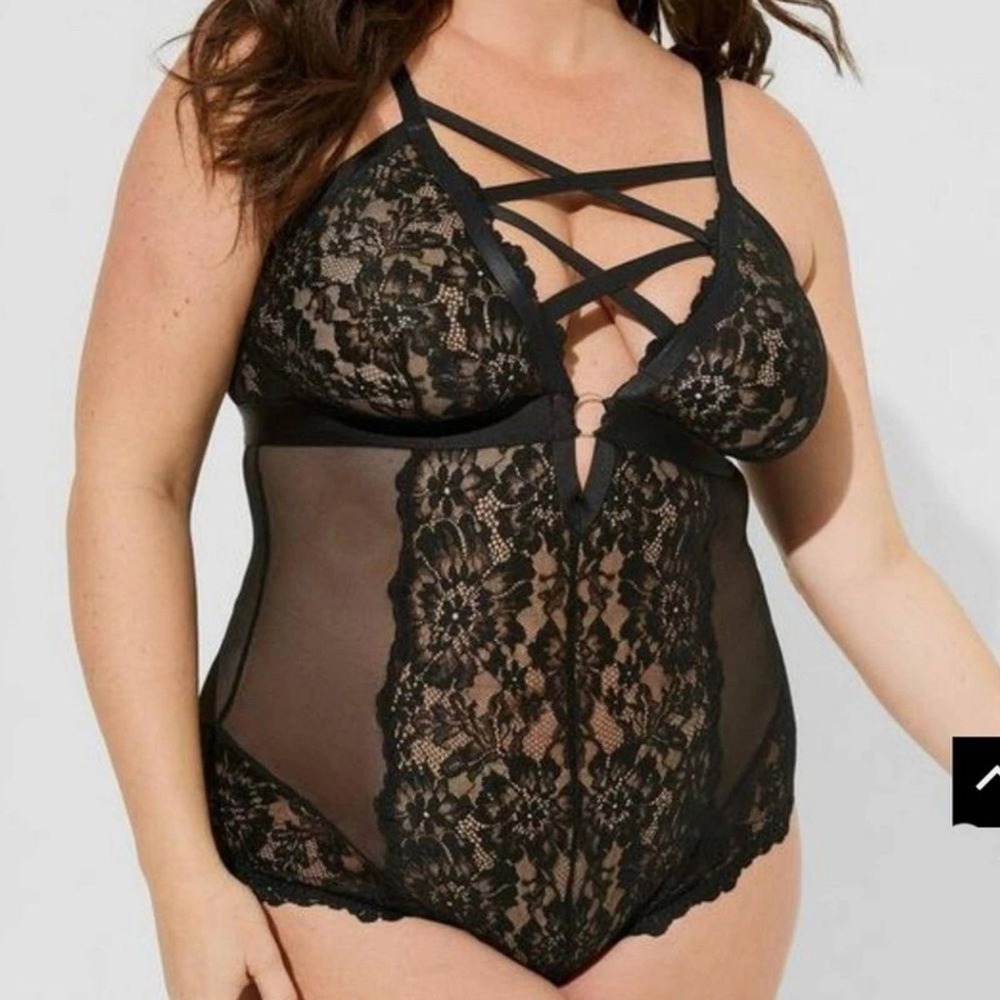 Torrid Floral Lace Strappy Bodysuit Women 2X Black Sexy Sheer Mesh Lingerie NWT